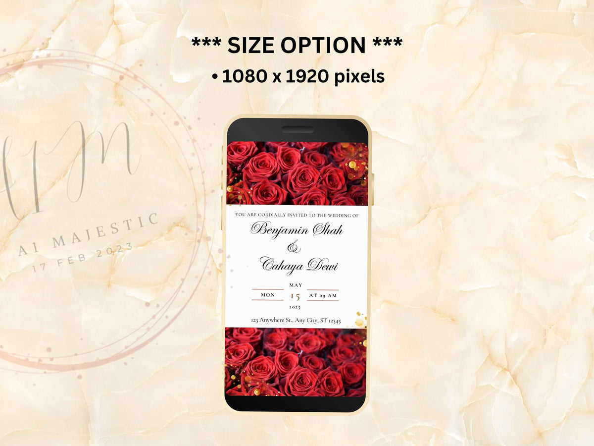 Red Rose Wedding Evite Template, Electronic Wedding Invitation, Red Rose video Wedding Invitation, Text Message, Mobile Phone Invite. WEIB25