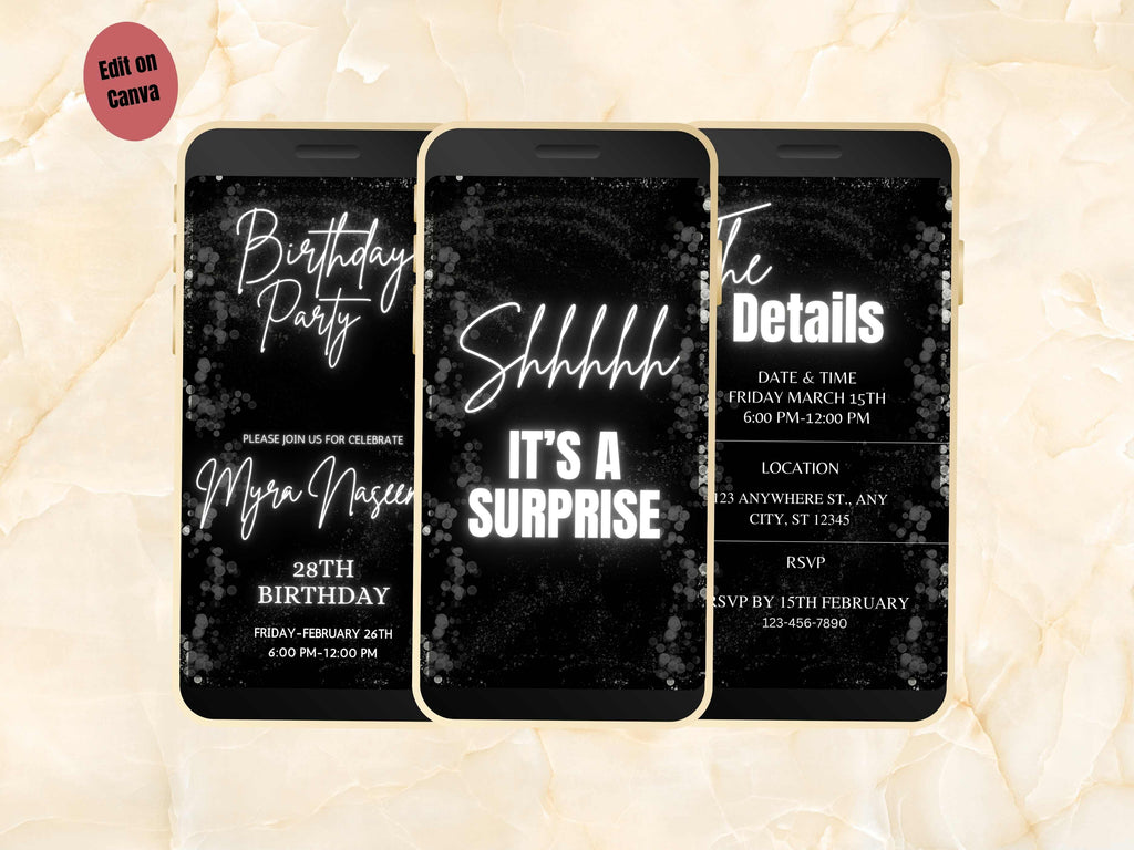Black Birthday Party Invitation Template, Digital Birthday Party Invitation, Editable Template, Instant Download. BEI18
