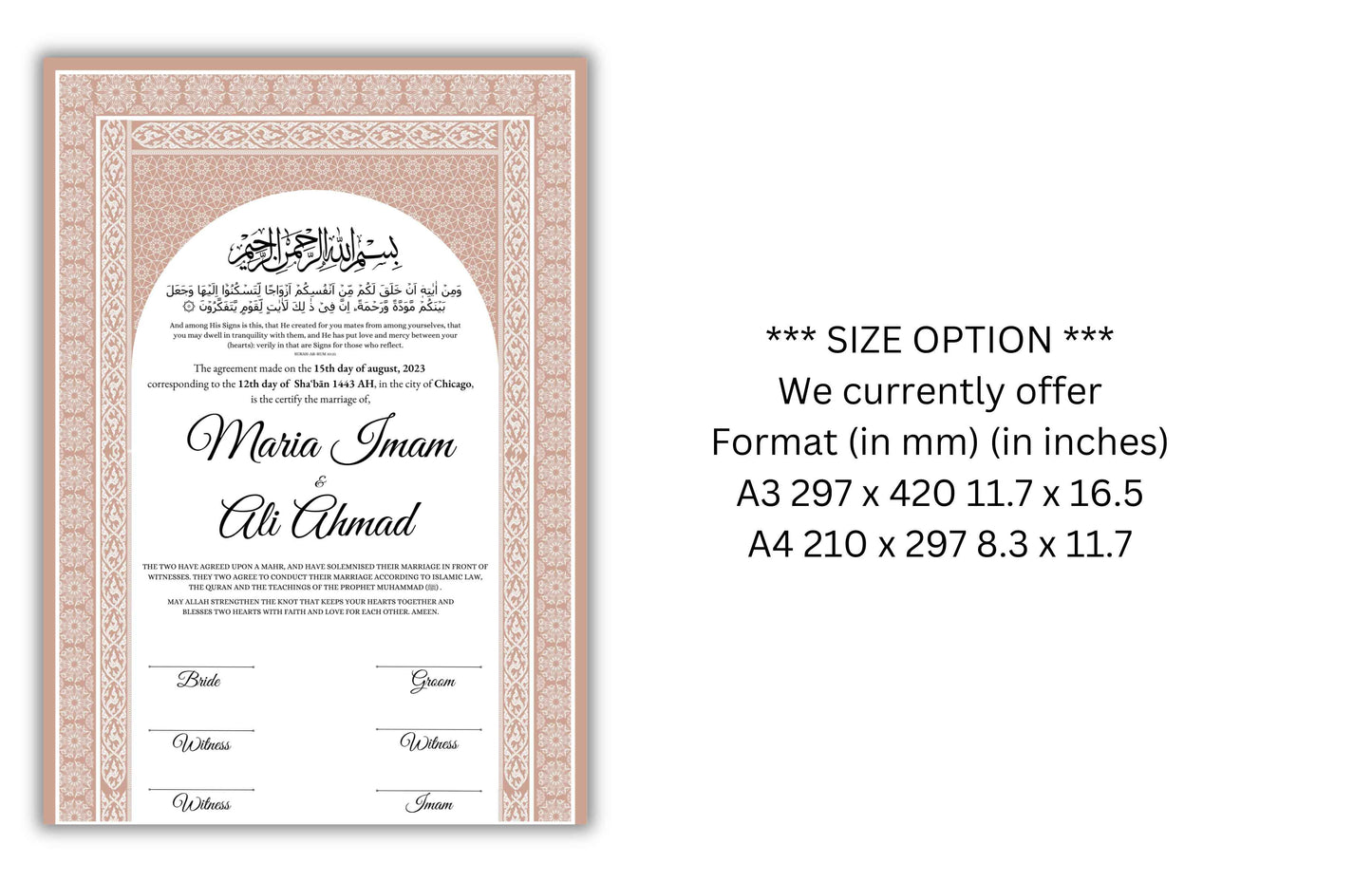 Islamic Marriage Certification | Nikahnama | Contract | Muslim Wedding | Digital Nikkah A4/ A3 | Editable. NN131