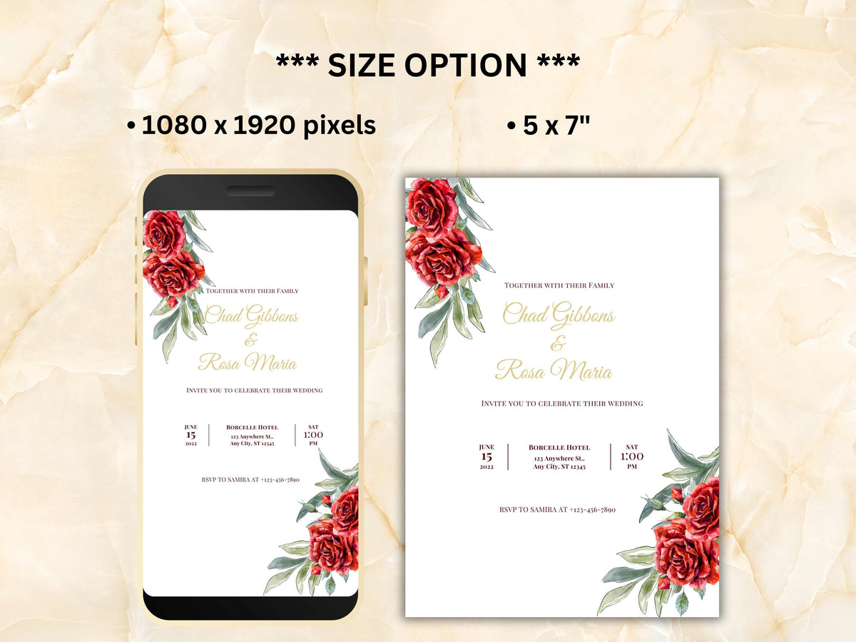 Red Rose Wedding Invitation, Electronic Wedding Invite Template , Digital Download, Red Rose Wedding Evite, Templett. WEI11