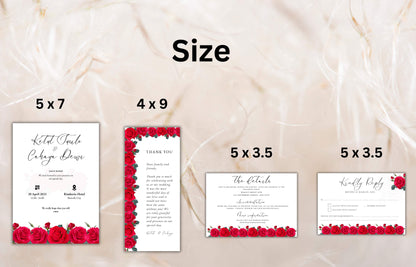 Red Rose Wedding Invitation set, Red Rose RSVP, Dark Red floral, Red Rose wedding Invitation, Details, Editable, Thank You Card. WIT64