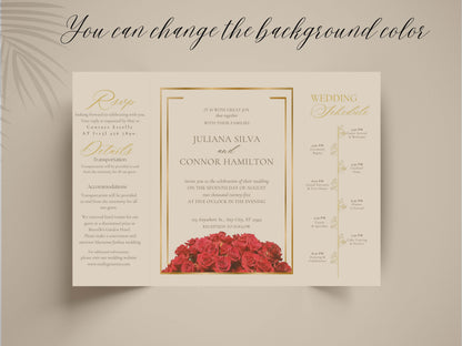 Elegant Red Rose Gatefold Wedding Invitation | Romantic Floral Wedding Card | Printable Invitation Suite | Red Wedding Timeline | WI140