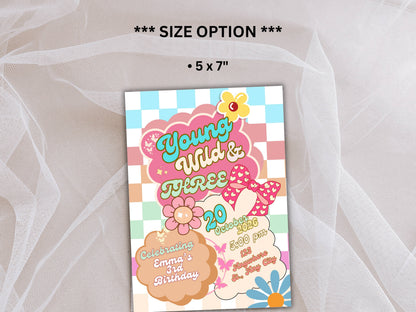 Editable Young wild and three Groovy Birthday Invitation EDITABLE Girl Daisy Rainbow Groovy 3rd Invite Hippie Party Template Instant. WEIB86