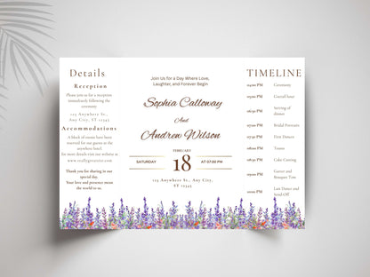 Elegant Floral Wedding Invitation with Timeline & Details | Purple Lavender Watercolor Template | Printable Reception Card. WIB130