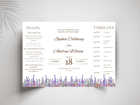 Elegant Floral Wedding Invitation with Timeline & Details | Purple Lavender Watercolor Template | Printable Reception Card. WIB130