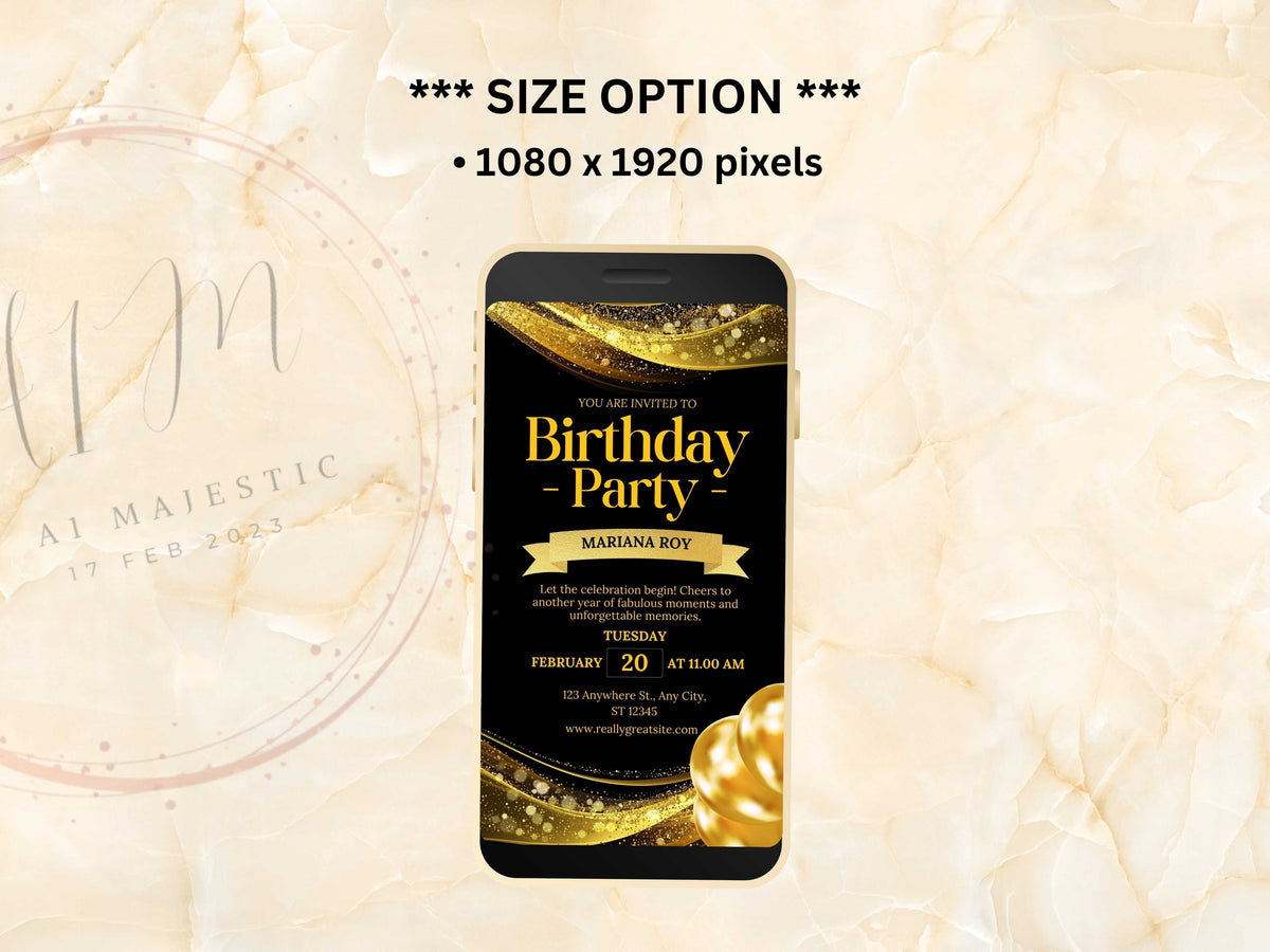 Electronic Digital Birthday Invitation, Birthday Invite, Birthday Invitation Balloon Gold Foil, Birthday Invitation for Girl. WEI41
