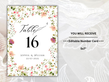 Wedding Table Numbers Template, Wedding Table Numbers, Pink Flower, Floral Wreath, Printable Table Numbers, Wedding Seating Chart. TS4