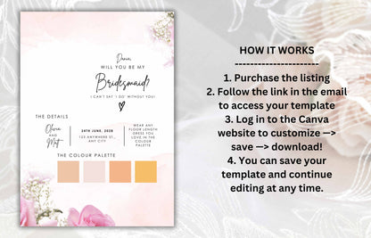 Will You Be My Bridesmaid Card, Bridesmaid Proposal Card, Editable Bridesmaid Proposal Card Template, INSTANT DOWNLOAD, BT45