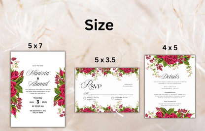Floral Wedding Invitation Set Template, Printable Hot Pink Rose Wedding Invite Suite, Boho Wedding Template, RSVP Card, Details Card. WIB73