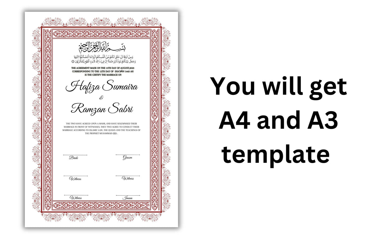 Nikkah Certificate Digital Download Personalised, A4, A3, Template, Instat Download. NN127