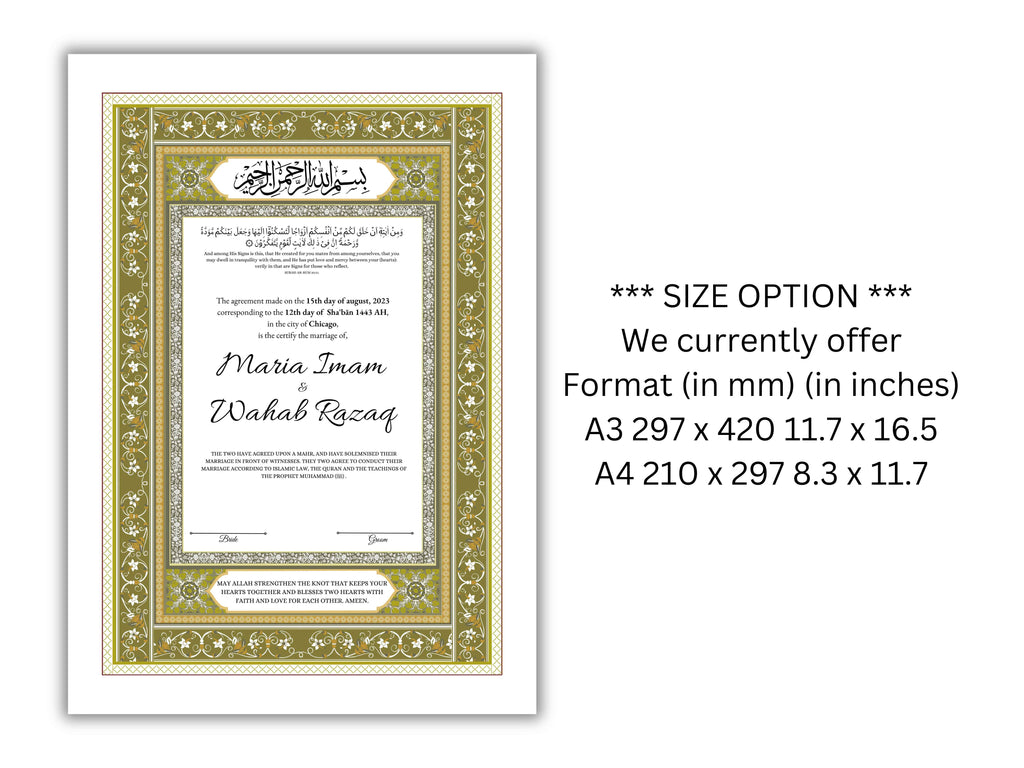 Luxury Nikkah Certificate, Premium A4 Islamic Wedding Contract, Nikkah Nama, Muslim Marriage Certificate, Personalised Names, A4, A3. NN172
