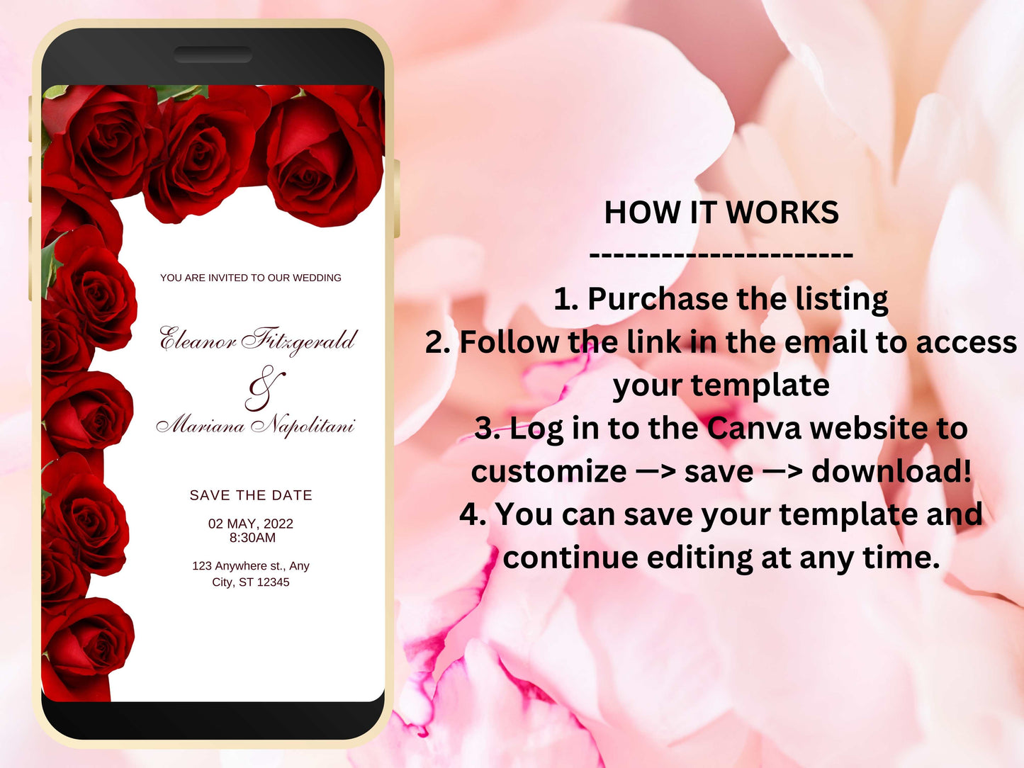 Red Rose Wedding Evite Template, Electronic Wedding Invitation, Red Rose video Wedding Invitation, Text Message, Mobile Phone Invite. WEI31