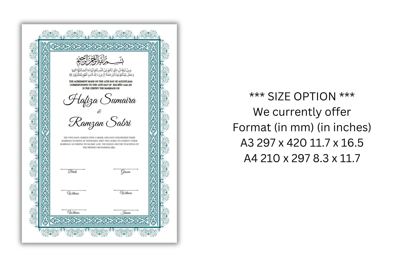 A4/A3 Nikkah Certificate, Digital Editable Template, Editable Nikkahnama,Muslim Wedding Certificate. NN124