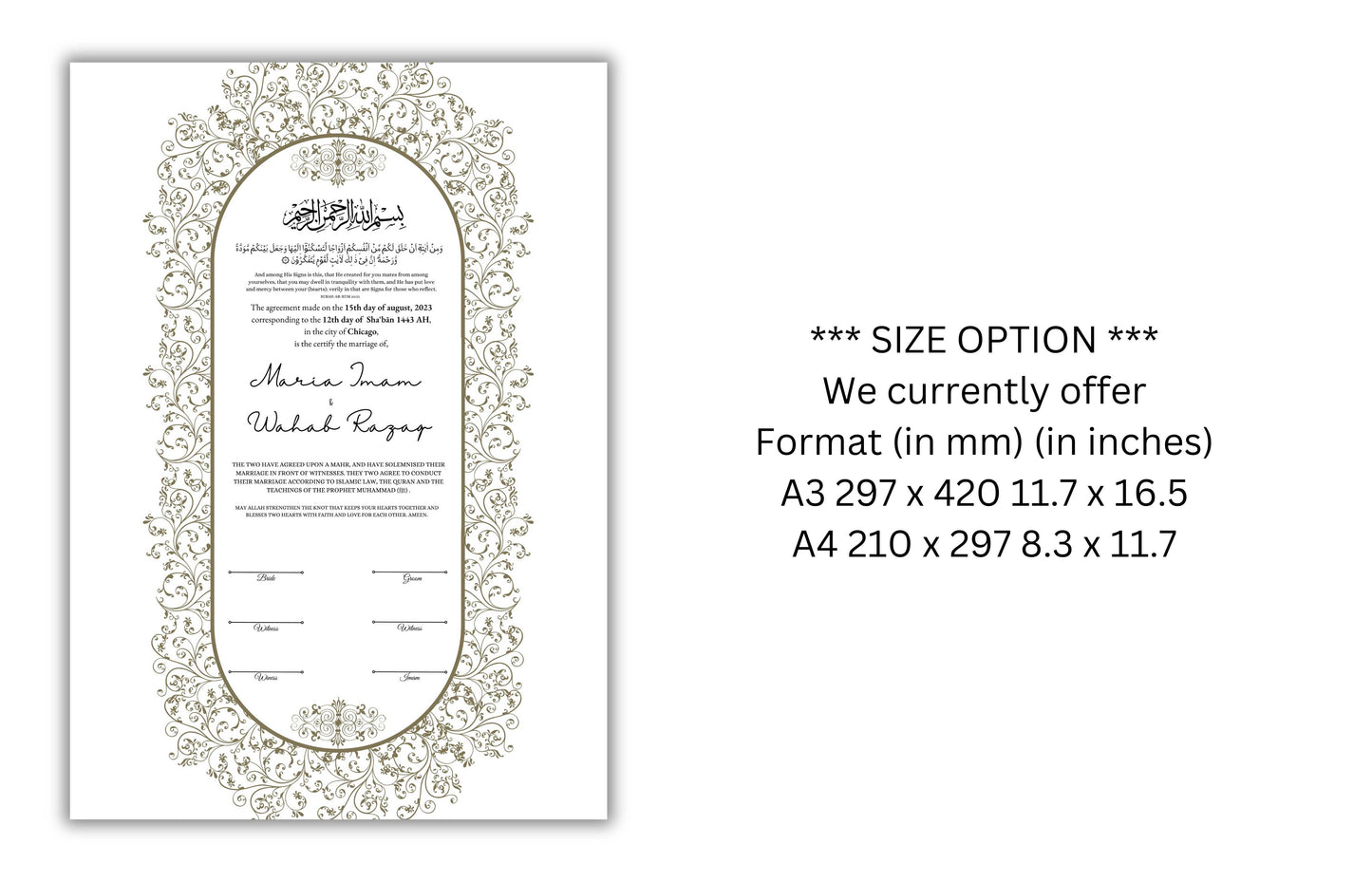 A4/A3 Nikkah Certificate, Customizable Luxury Islamic Nikkah Marriage Contract Certificate, Muslim Wedding Gift. NN155