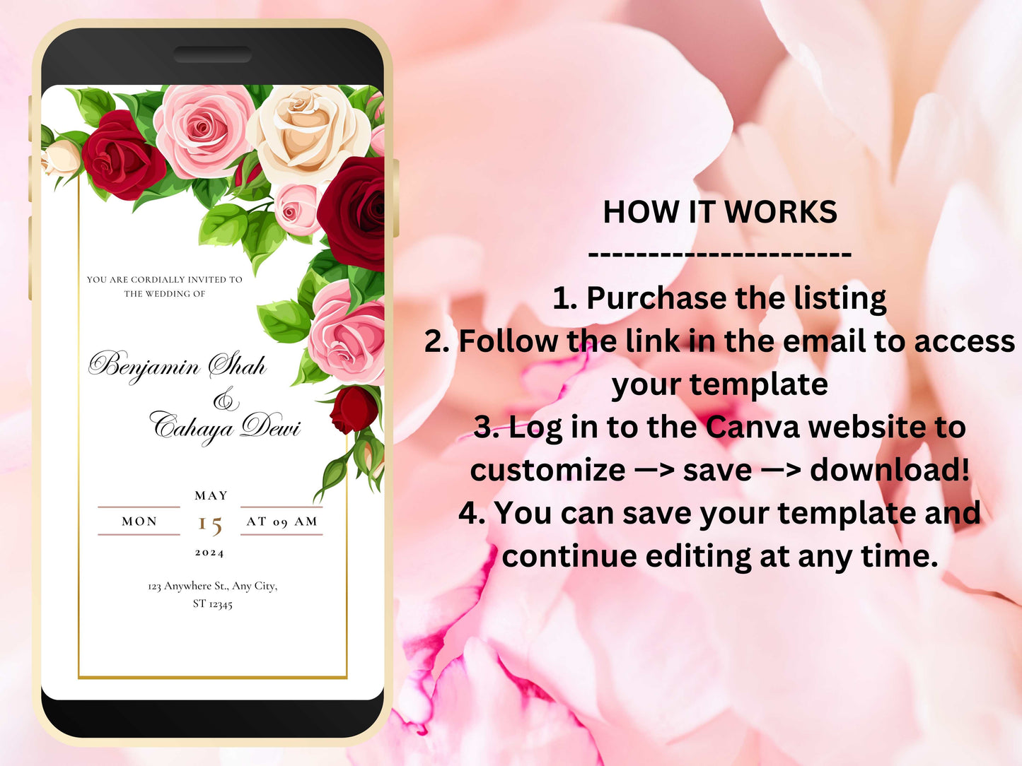 Red Rose Wedding Evite Template, Electronic Wedding Invitation, Pink Rose video Wedding Invitation, Text Message, Mobile Phone Invite. WEI39