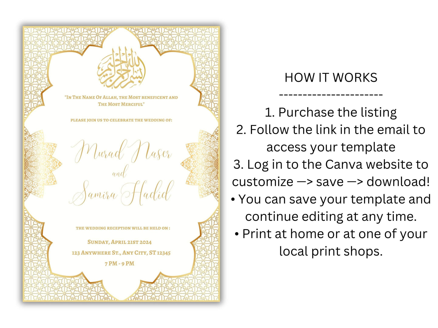 Gold Muslim Wedding Invitation, Nikkah Invitation, Muslim Wedding Invite, Wedding Invite, Invitation Template, Editable Canva Template, WT54