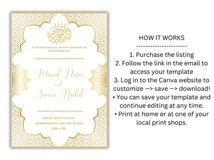 Gold Muslim Wedding Invitation, Nikkah Invitation, Muslim Wedding Invite, Wedding Invite, Invitation Template, Editable Canva Template, WT54