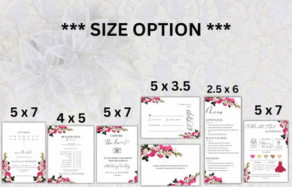 Pink Rose Wedding Invitation Bundle, Printable Wedding Invite, Editable Template, RSVP, Details, Bridesmaid Card, Menu Card, Digital. WT41