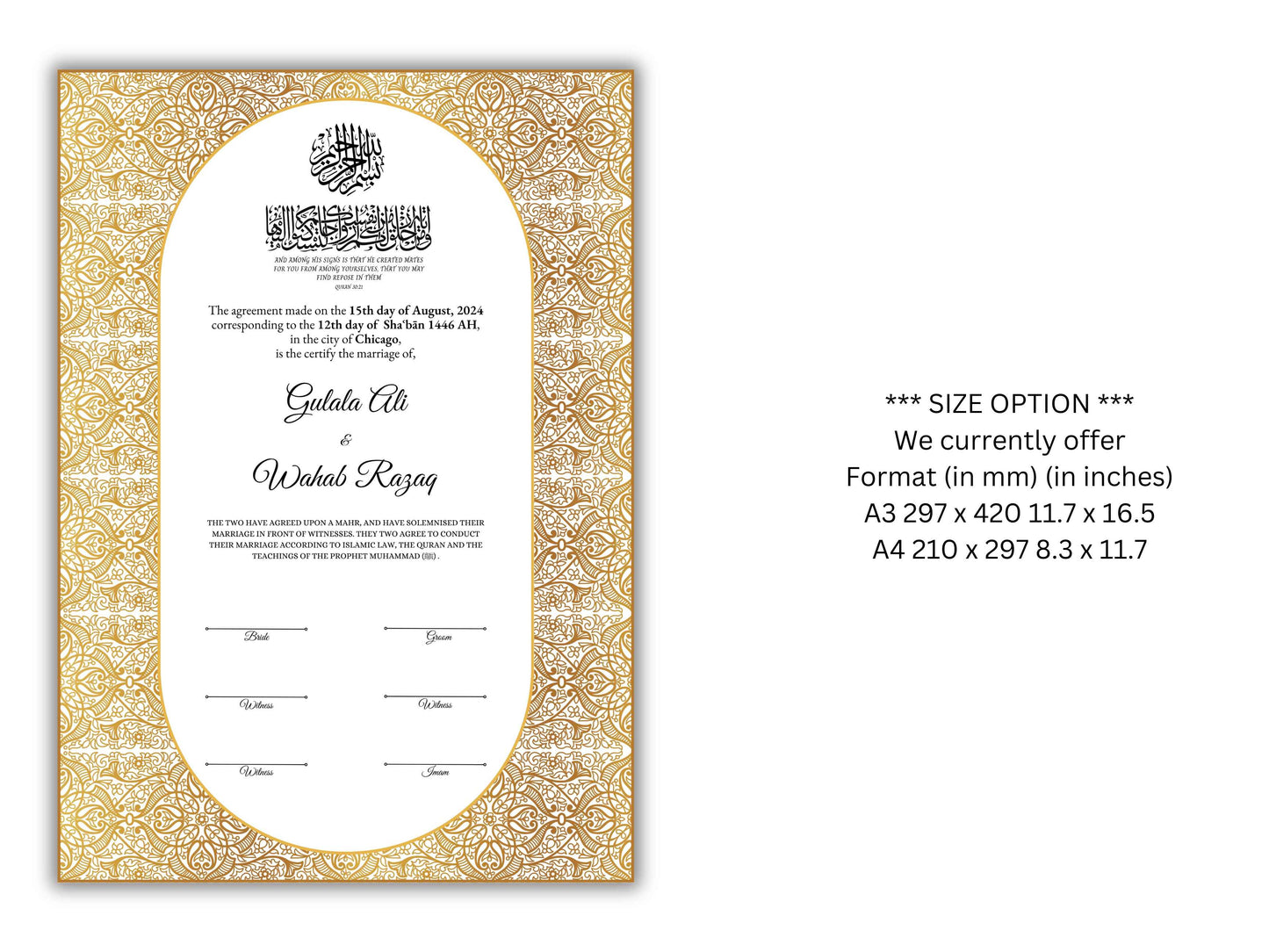 Luxury Gold A4/A3 Nikkah Certificate Template, Premium Gold Frame, Islamic Contract, Wedding Nama, Muslim Marriage Contract. 164