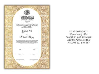 Luxury Gold A4/A3 Nikkah Certificate Template, Premium Gold Frame, Islamic Contract, Wedding Nama, Muslim Marriage Contract. 164