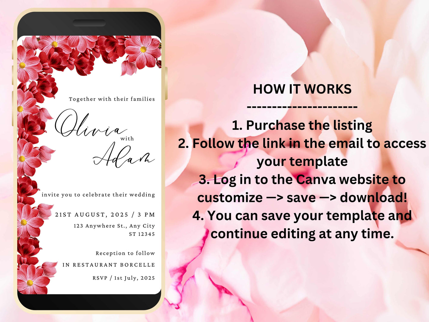 Red Flowers Wedding Evite Template, Electronic Wedding Invitation, video Wedding Invitation, Text Message, Mobile Phone Invite. WEI44