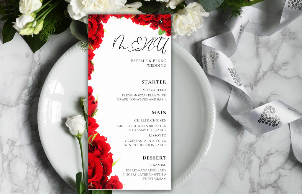 Wedding Menu Template Download, Red Rose Wedding Menu Cards, Menu Template, Wedding Menus, Modern Reception Dinner Menu Editable, WS48
