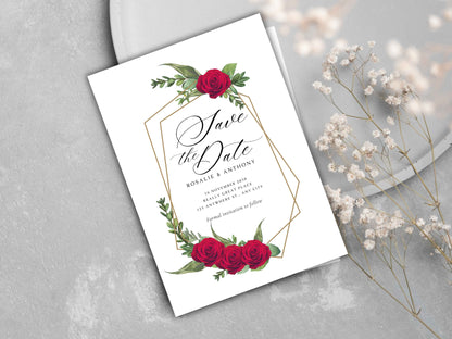 Red Rose Wedding Invitation Template , Red rose Invite, Elegant Red Rose wedding Invitation, Editable, Rsvp, Details, Digital Download.WT86