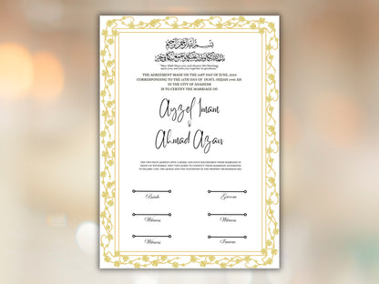 A4/A3 Nikkah Certificate, Customizable Luxury Islamic Nikkah Marriage Contract Certificate, Muslim Wedding Gift. NN257