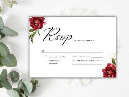 Red Rose Wedding Invitation set, Red Rose RSVP, Dark Red floral, Elegant Red Rose wedding Invitation, Details, Editable Template. 22