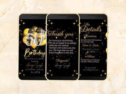 50 Birthday Invitation Silver and Gold Template, Gold Balloon Editable Invite, Animated Canva Evite, Mobile Phone Invite, Text Invite.WEIB70
