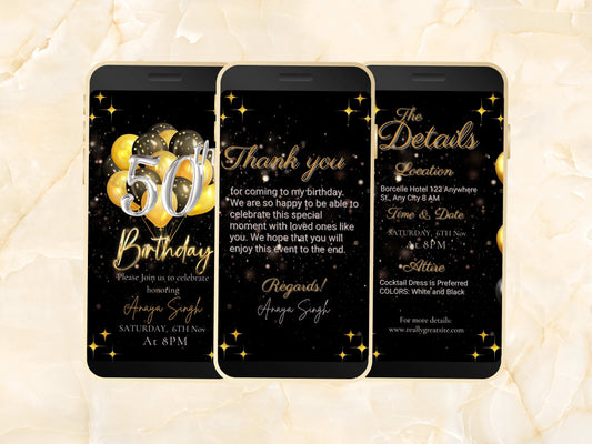 50 Birthday Invitation Silver and Gold Template, Gold Balloon Editable Invite, Animated Canva Evite, Mobile Phone Invite, Text Invite.WEIB70