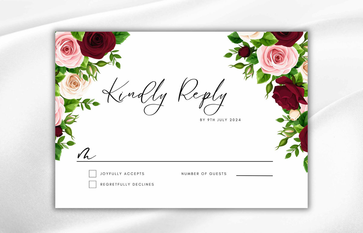 Red Wedding Invitation Set, Floral invitation,Editable Template, RSVP Card, Details Card, Burgundy and Pink Floral with Gold Frame, WIT87