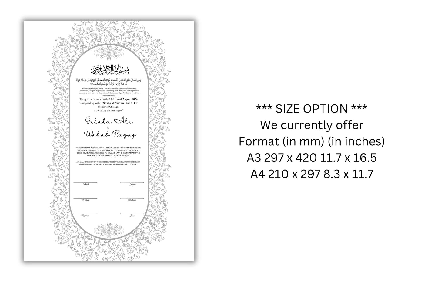 Personalised Nikkah Contract, Nikah Nama, Customised Muslim Marriage Certificate, Keepsake, Wedding Gift for Bride/Groom. NN152