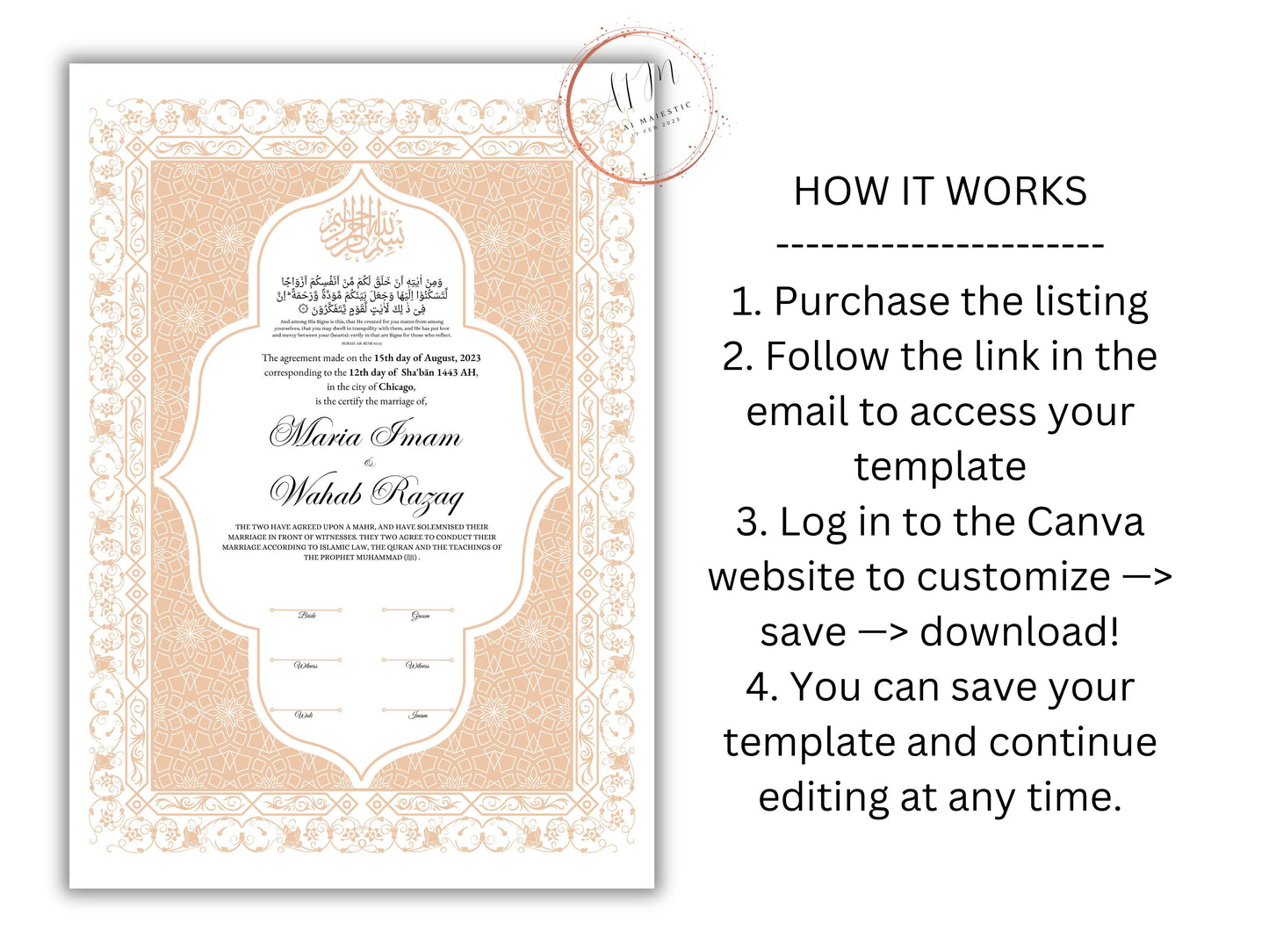 Nikkah Contract Template,Printable Nikkah Contract,Editable Nikkahnama, Muslim Wedding Certificate,Digital Download,Islamic Marriage. NN189