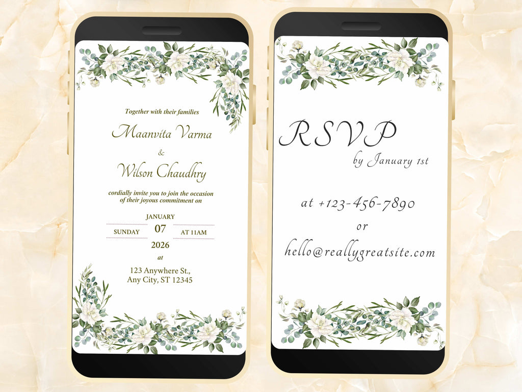 White Wedding Invitation, Online Invitation Template, White E-Invite, RSVP Invitation, Digital White Rose Wedding Invitation. WEIB35