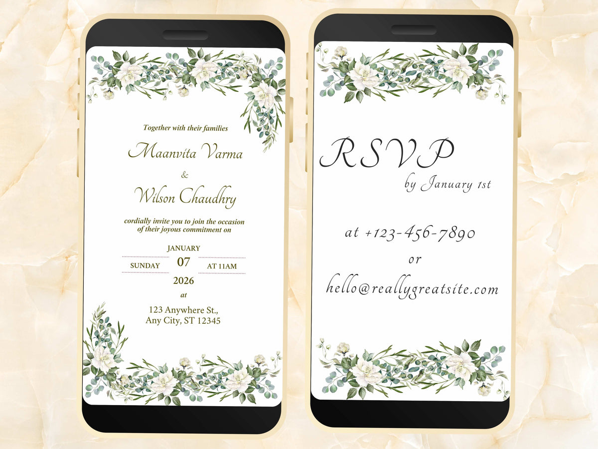 White Wedding Invitation, Online Invitation Template, White E-Invite, RSVP Invitation, Digital White Rose Wedding Invitation. WEIB35