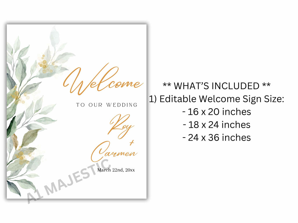 Green Leaves Wedding Welcome Sign Template, Greenery wedding welcome sign printable, Wedding welcome sign download. WS10