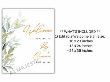 Green Leaves Wedding Welcome Sign Template, Greenery wedding welcome sign printable, Wedding welcome sign download. WS10