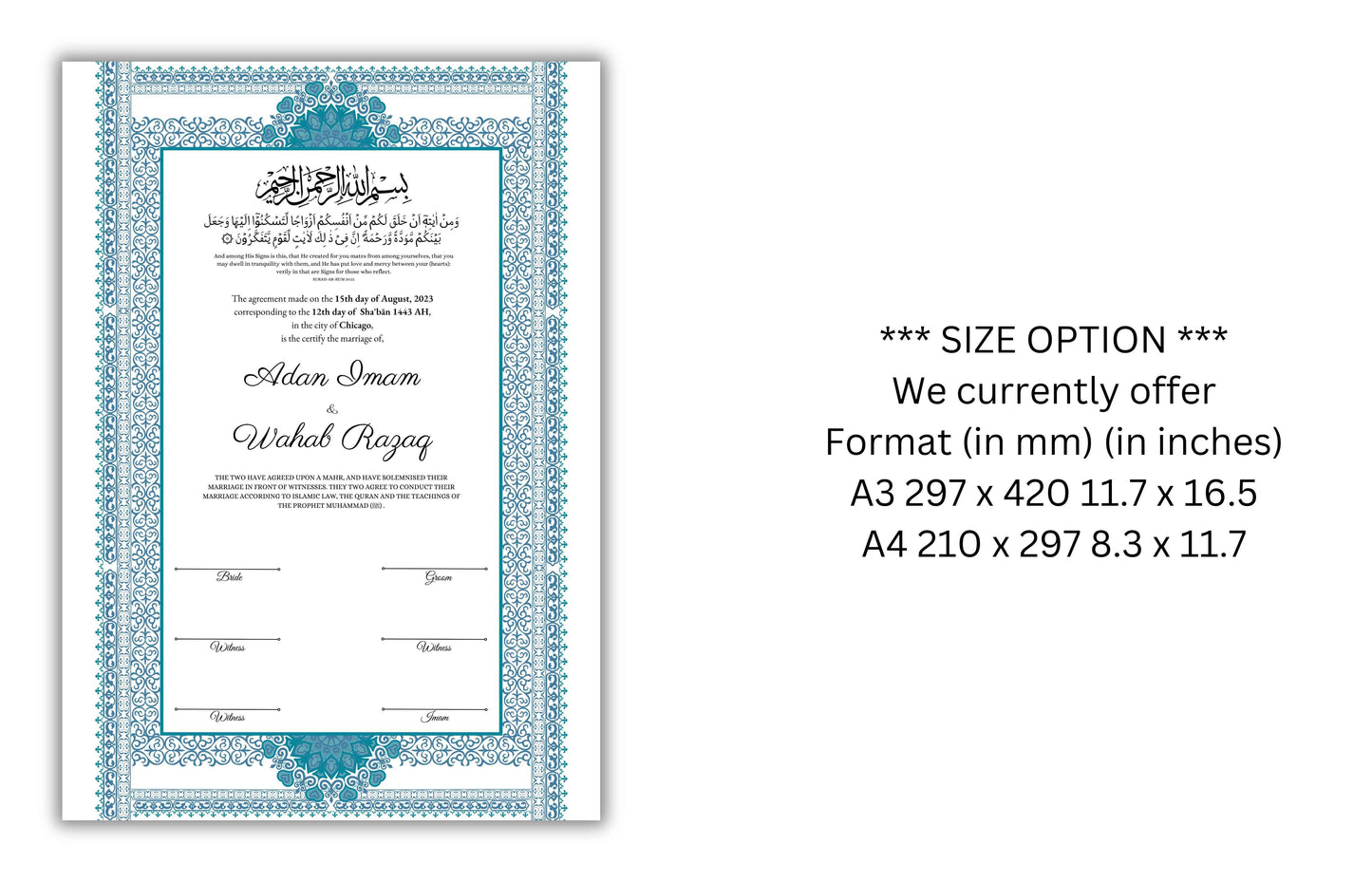 Luxury Nikkah Certificate, A4/A3 Islamic Wedding Contract, Nikkah Nama, Muslim Marriage Certificate, Personalised Names, Quran Verse. 182