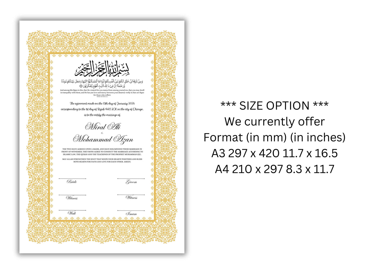 A4/A3 Nikkah Certificate, Printable Nikkahnama Template, Marriage Contract, Nikkah Contract Template, Islamic Wedding Contract. NN200