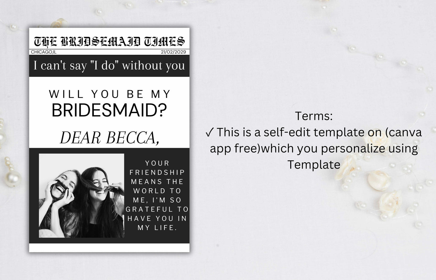 Newspaper Bridesmaid Proposal Printable, Will You Be My Bridesmaid Card Template, Bridesmaid Proposal Card, Bridesmaid Info Card. BT42