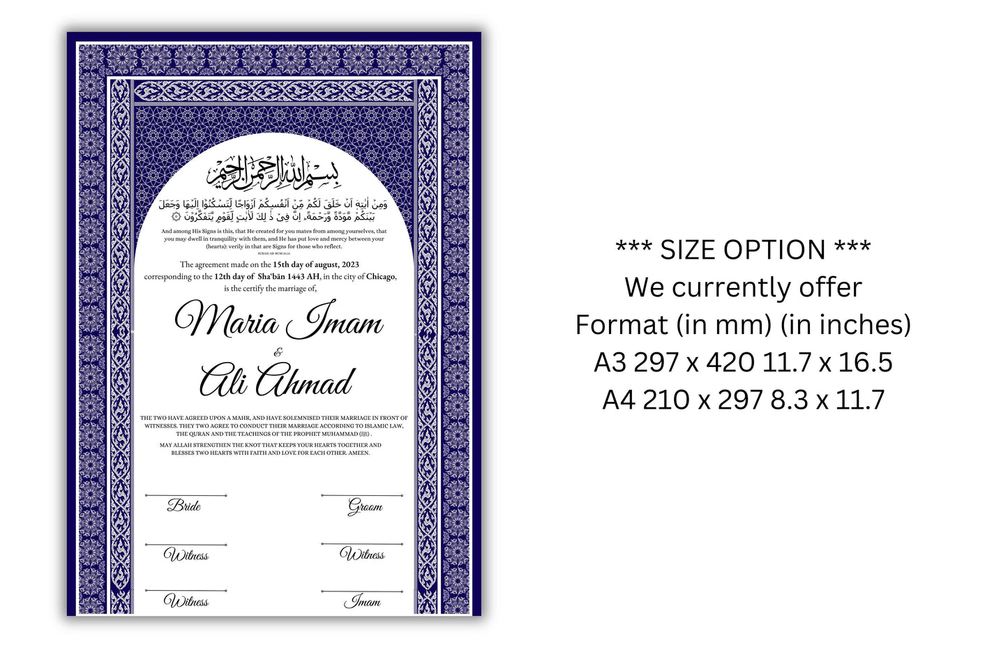 Luxury Nikkah certificate ,A3/a4 Nikkah Nama, Nikah , Islamic wedding contract, Muslim Marriage Certificate, Personalised Names. NN136