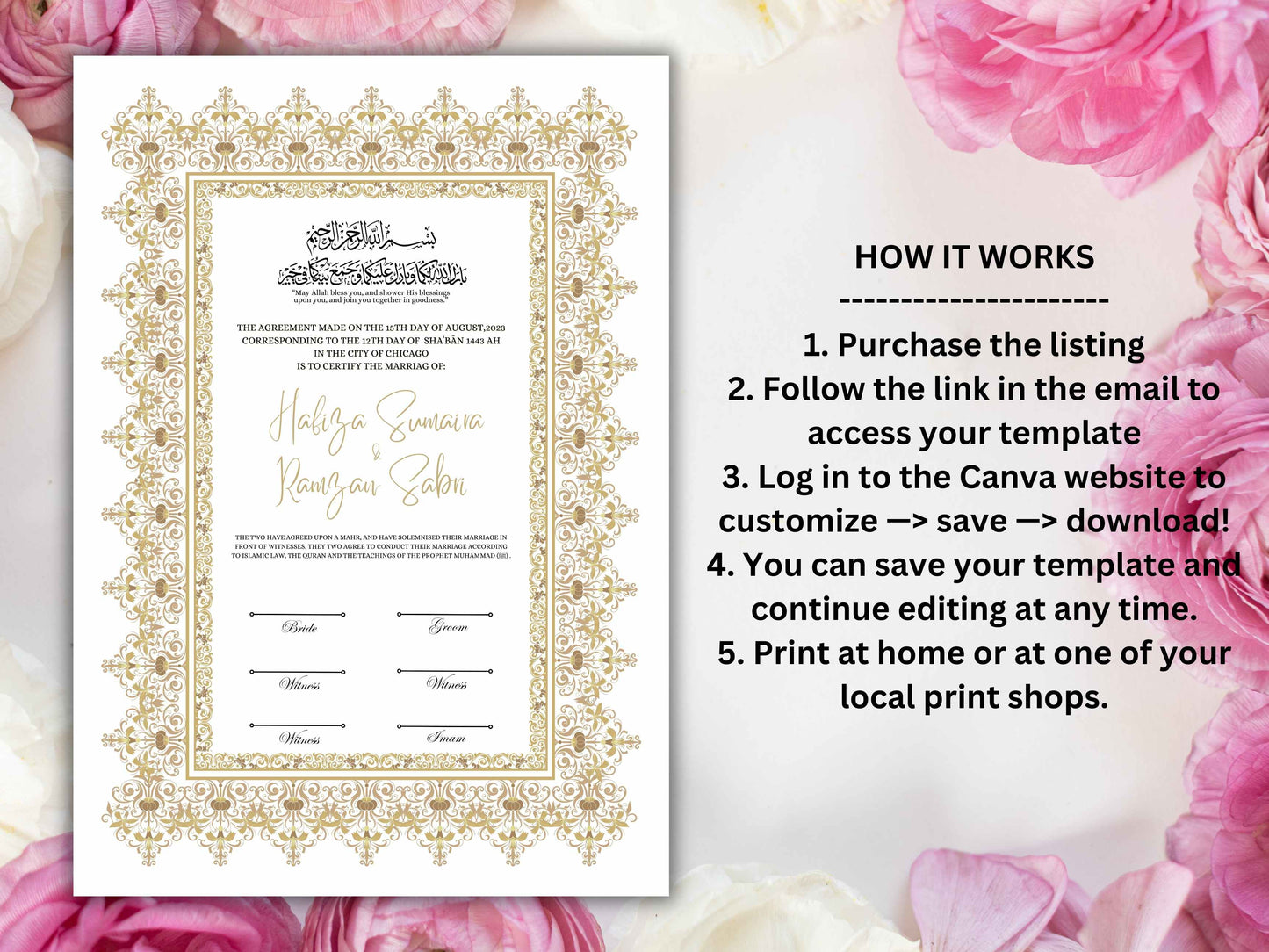 Nikkah Certificate Digital Download Personalised, A4, A3, Template, Editable, Brown Nikkah Nama, Nikkah Contract, Muslim Contract. NN212