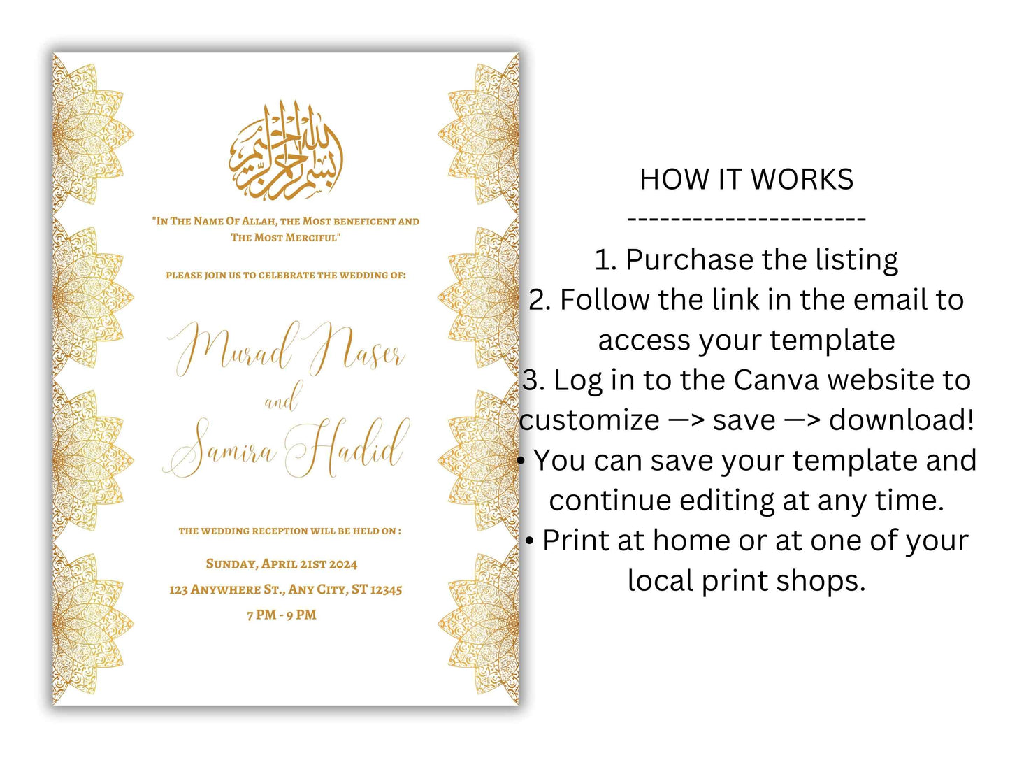 Gold Muslim Wedding Invitation, Nikkah Invitation, Muslim Wedding Invite, Wedding Invite, Invitation Template, Editable Canva Template, WT55