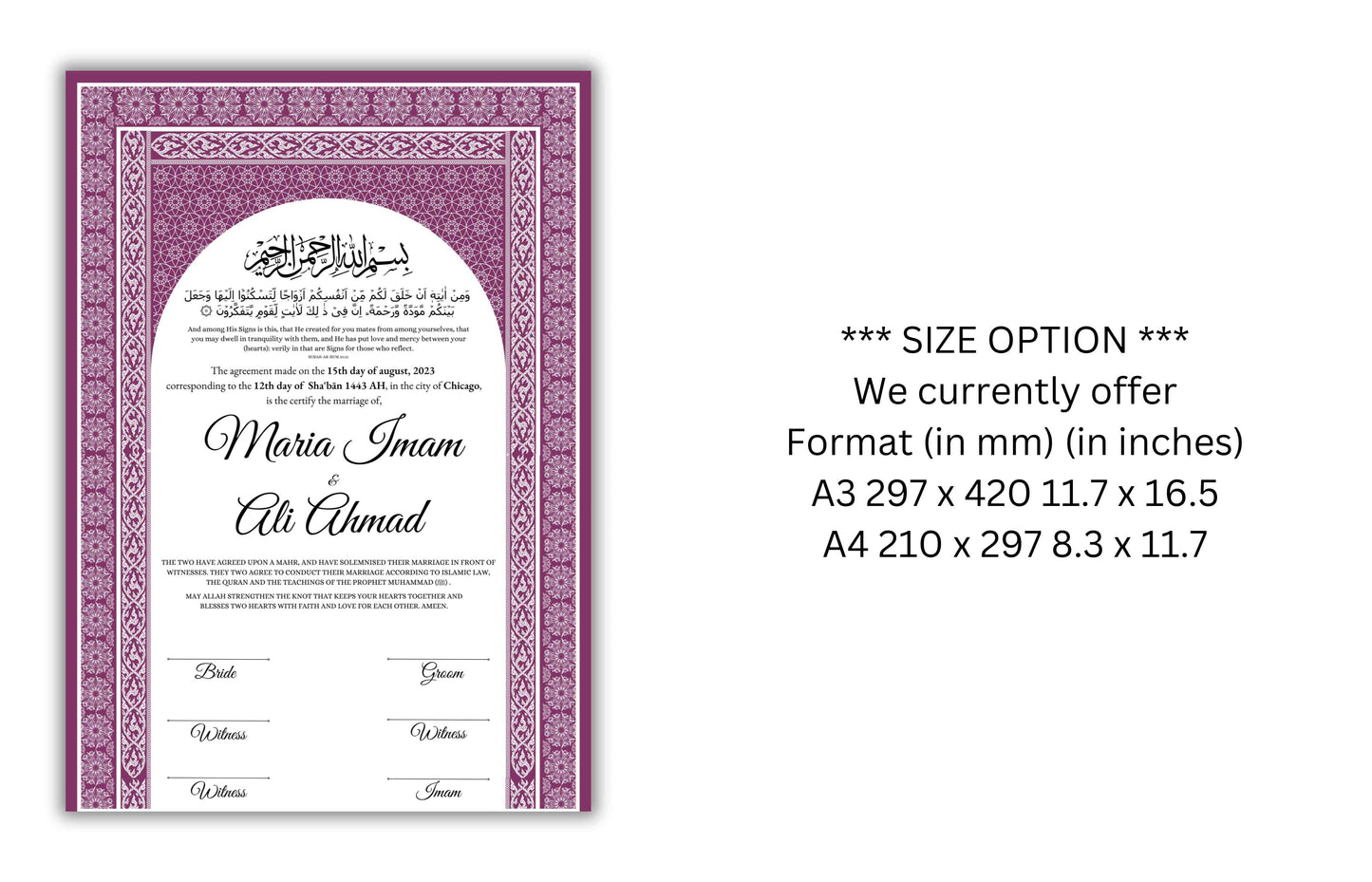 Luxury Nikkah certificate ,A3/a4 Nikkah Nama, Nikah , Islamic wedding contract, Muslim Marriage Certificate, Personalised Names. NN137