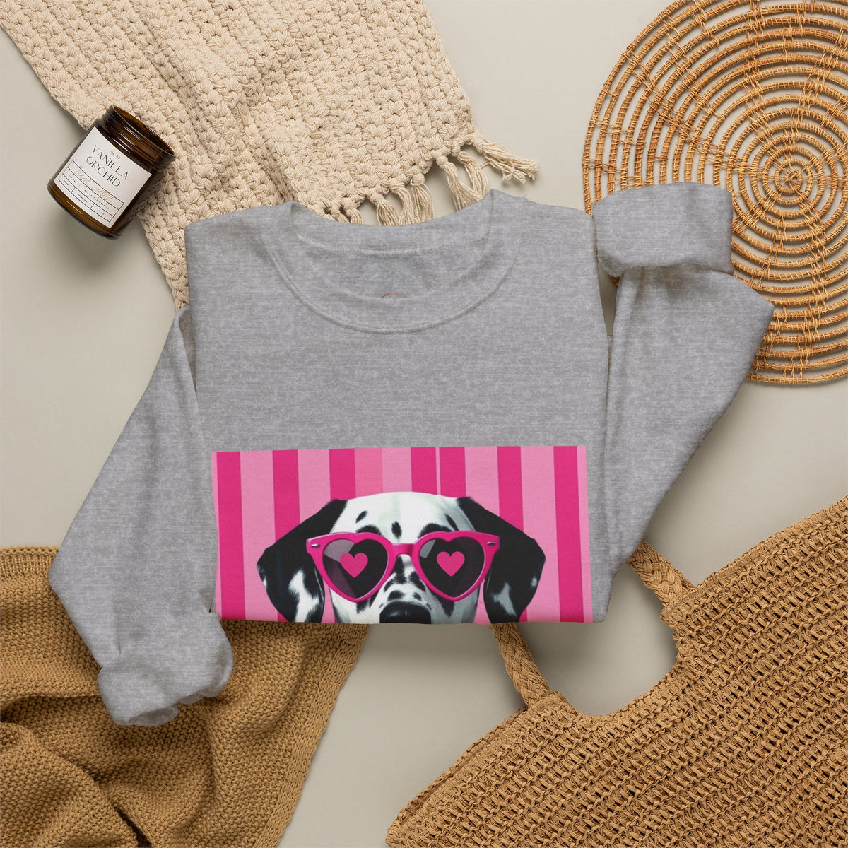 Dalmatian with Heart Sunglasses Sweatshirt — Cute Pink Pet Graphic Crewneck