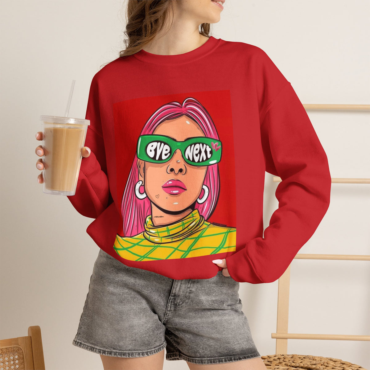 Graphic Sweatshirt — 'Bye Next' Retro Pop Art Girl Crewneck