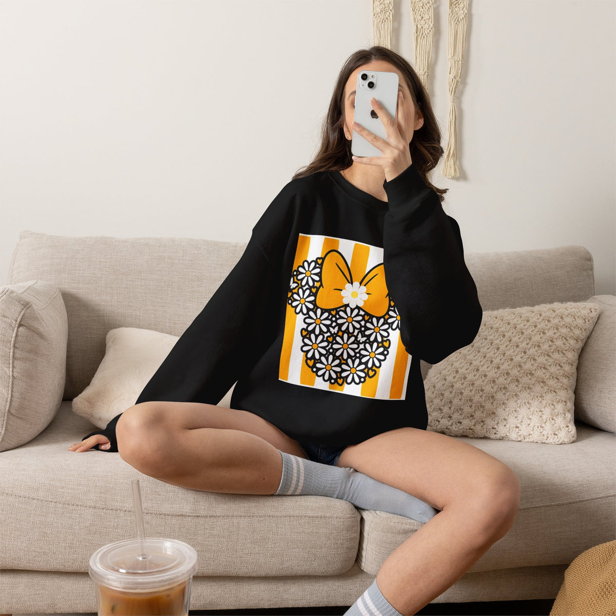 Floral Mouse Head Sweatshirt — Yellow Daisy Bow Crewneck