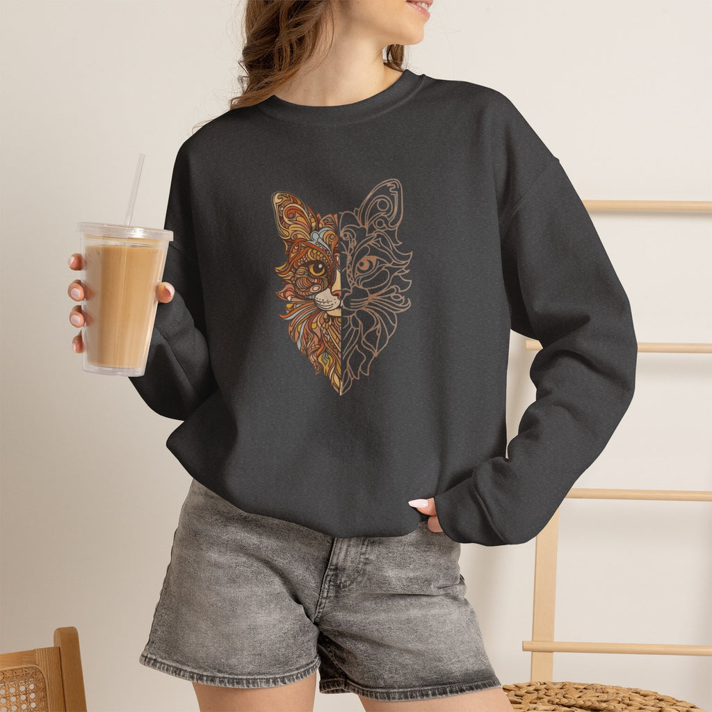 Cat Face Split Crewneck Sweatshirt – Half Realistic, Half Line Art Cat Design
