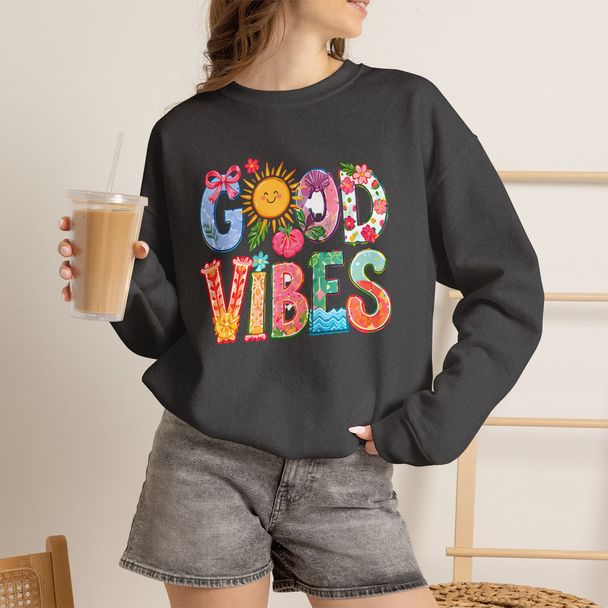 Good Vibes Floral Sweatshirt - Colorful Retro Sun Graphic Crewneck